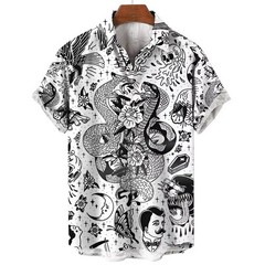 Mens Button Down Cream Rockabilly Pin Up Tattoo Flash Top Novelty Summer Shirt