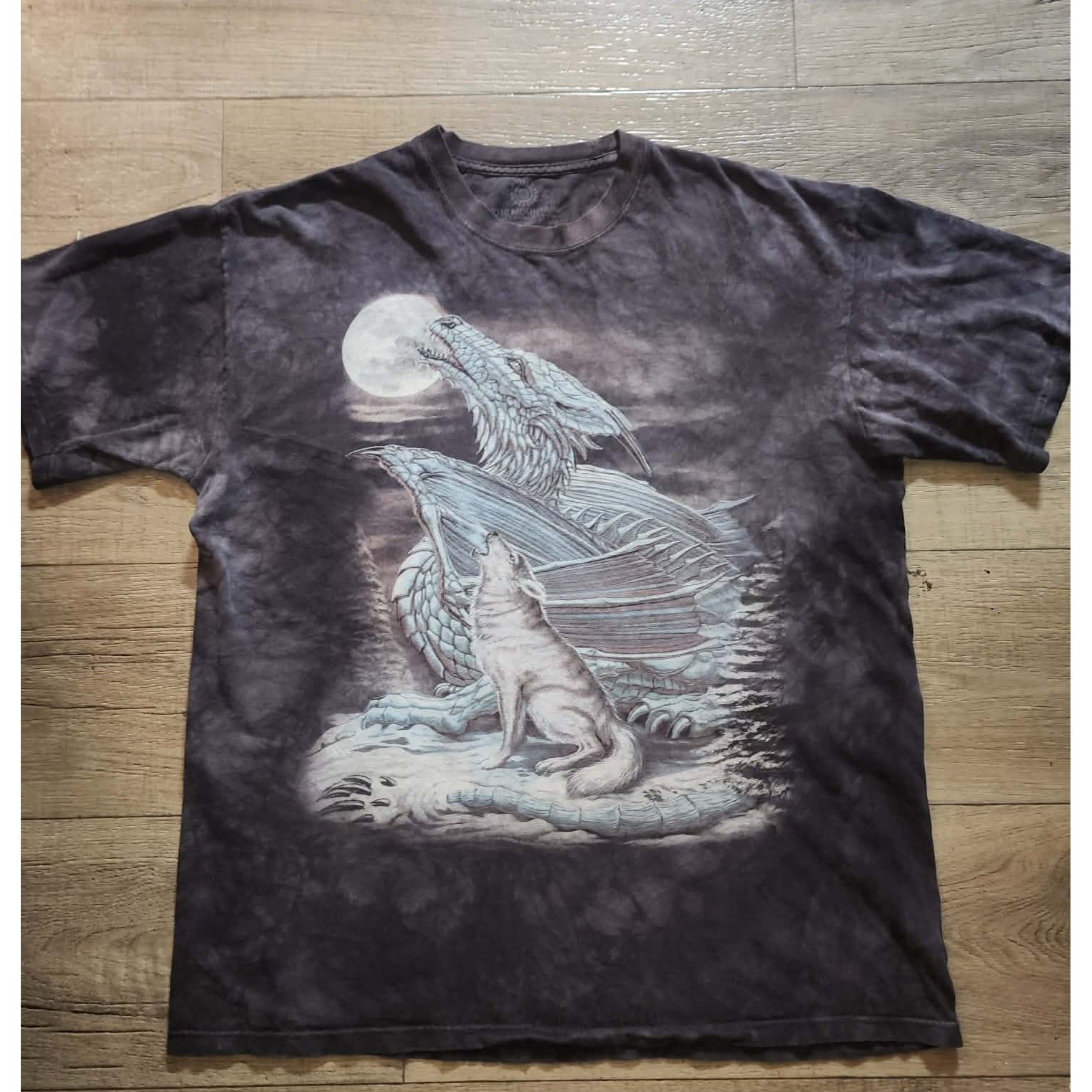 The Mountain Dragon and Wolf Howling at Moon Tie Dye Graphic T-Shirt Men XL Grey