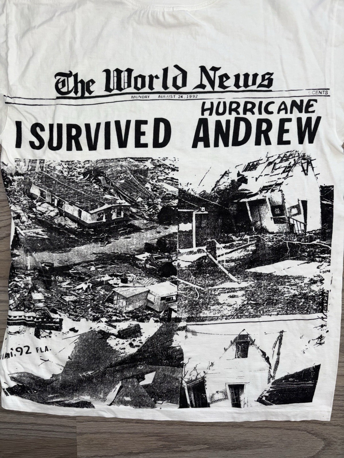 Vintage Hurricane Andrew All Over Print World News T-Shirt Mens (L) USA 90’s gallery