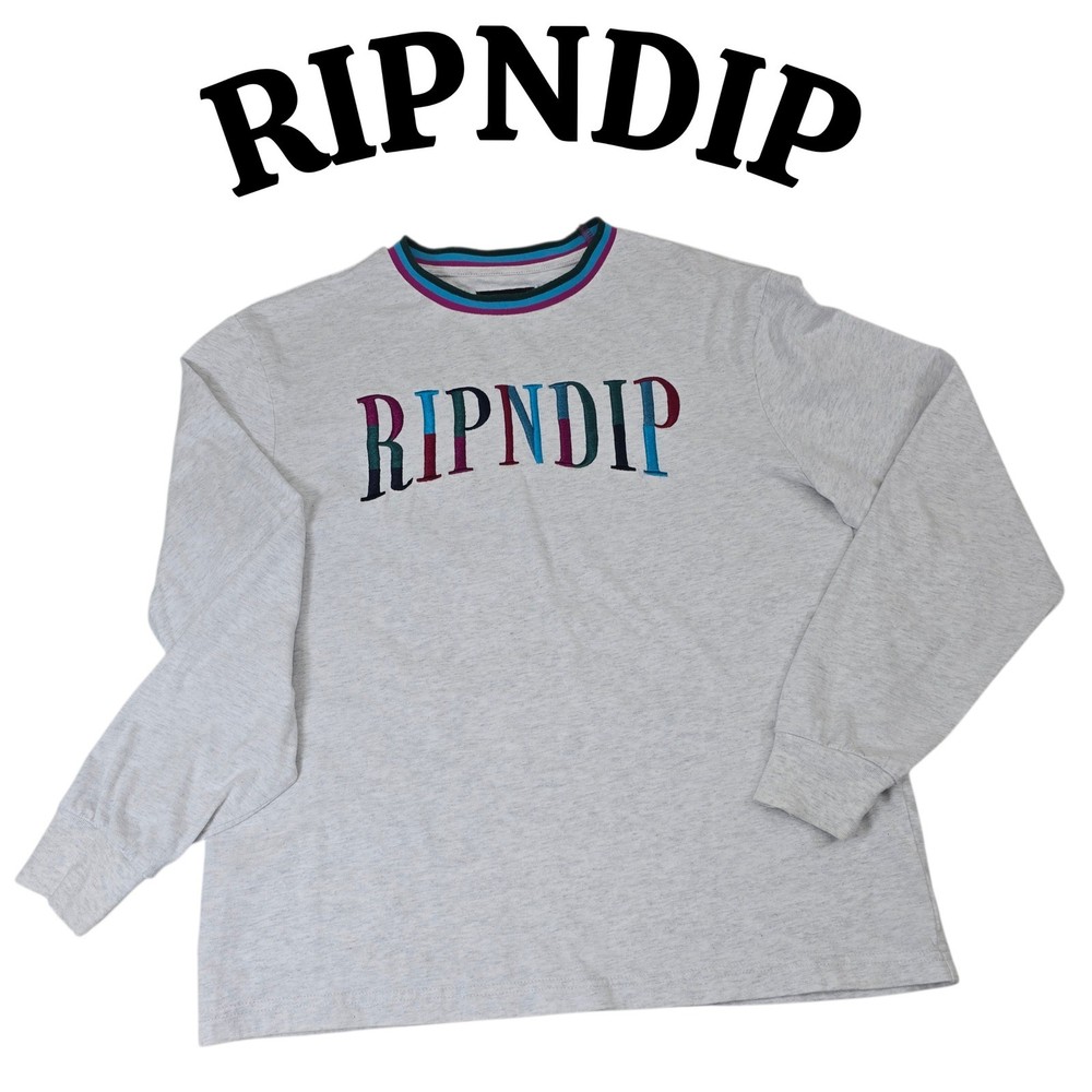 RIPNDIP Grey Long Sleeve T-Shirt Rainbow Logo Trim Size S