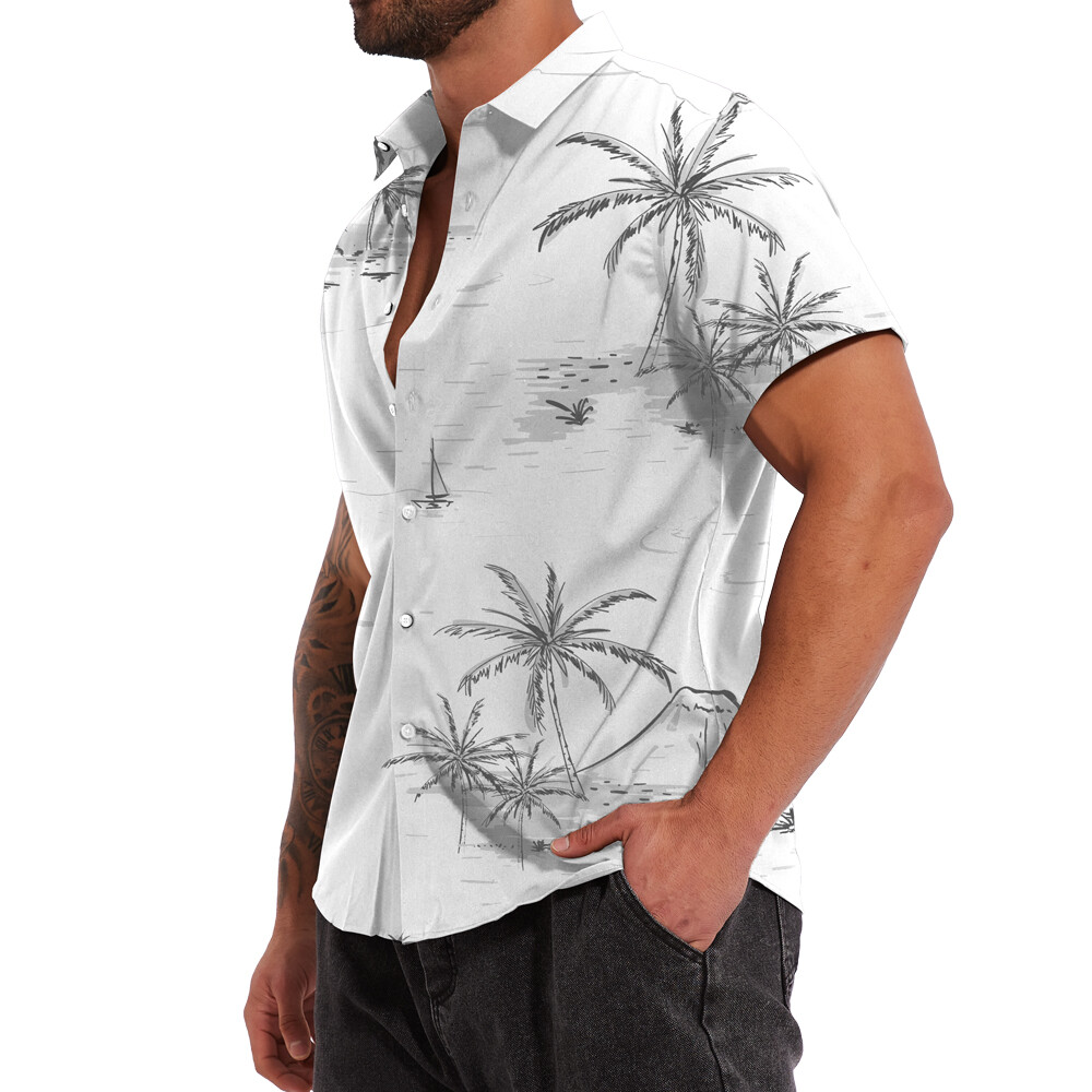 Button Down Shirts Men Black White Hawaiian Dress Short Sleeve Party Up Soft Tee gallery