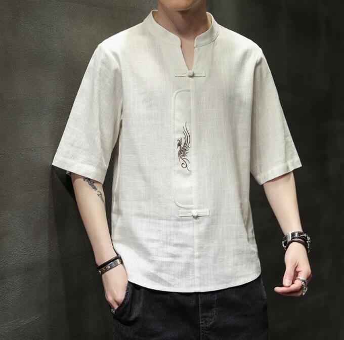 New Summer Men's embroidery Tops Cotton Linen buckle T-Shirts Casual Tang Suit gallery