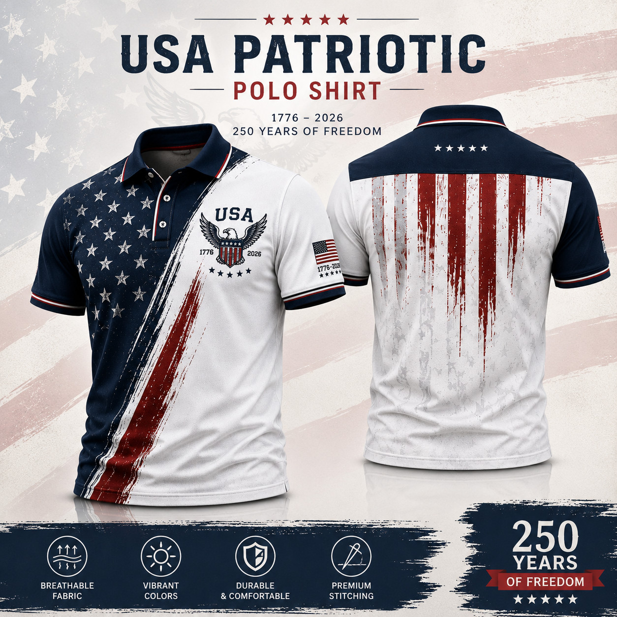 USA 250th Anniversary Golf Polo Shirt 1776-2026 American Flag Patriotic S-5XL gallery