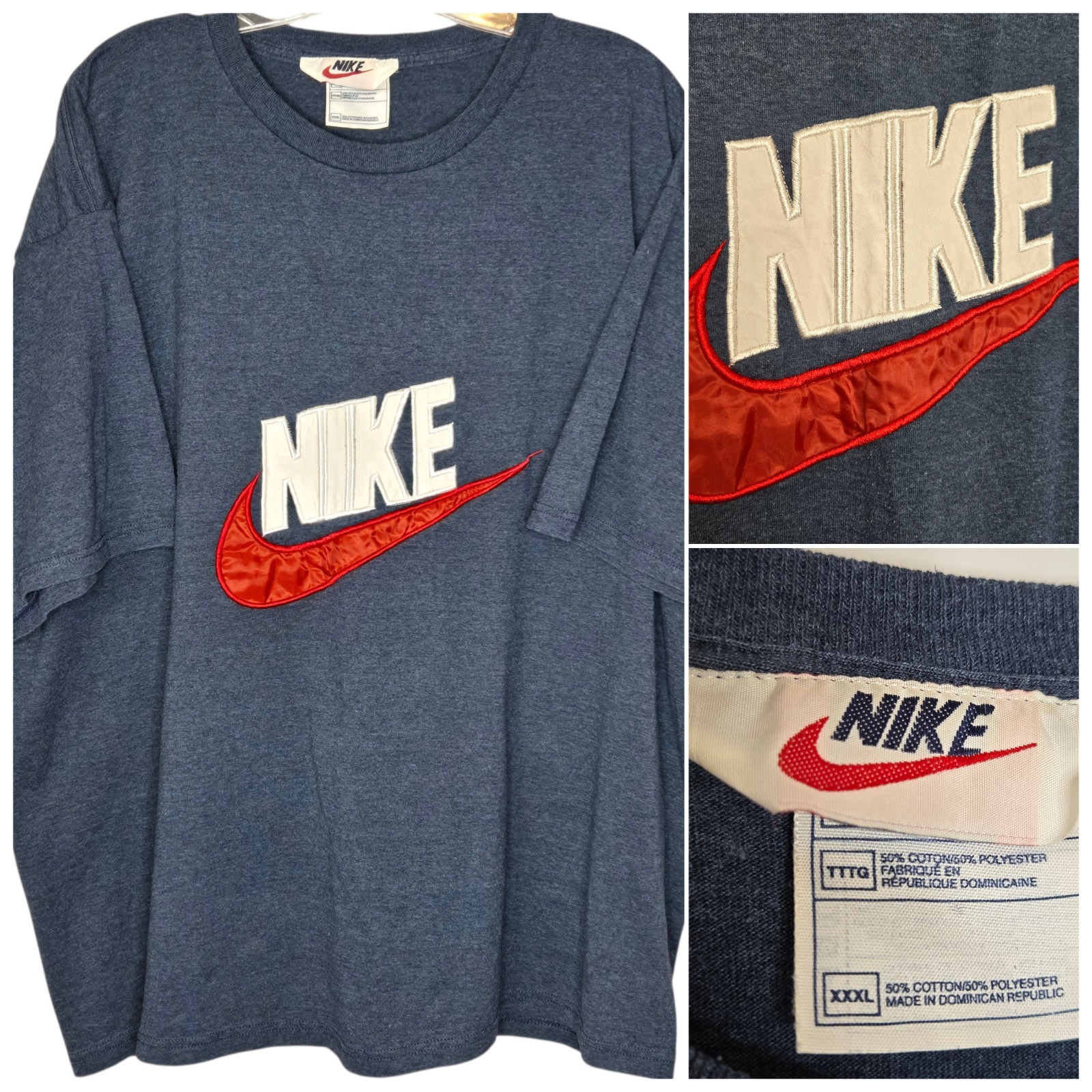 VTG 90s Nike Center Swoosh TShirt XXXL Blue Big Logo Satin Spellout White Tag 3X gallery