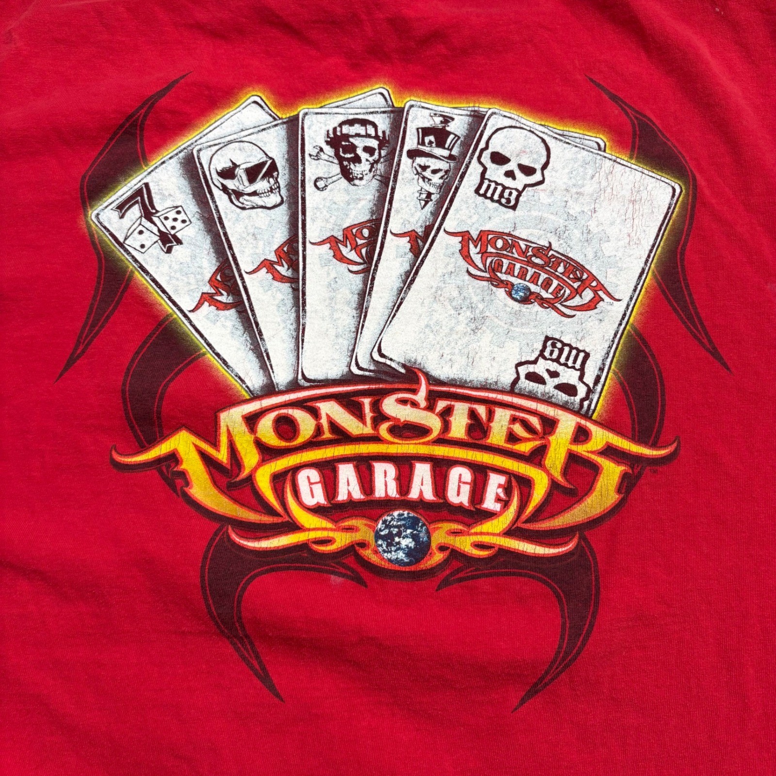 Vintage 2004 Discovery Channel Monster Garage Tshirt XL Red Jesse James Skulls gallery