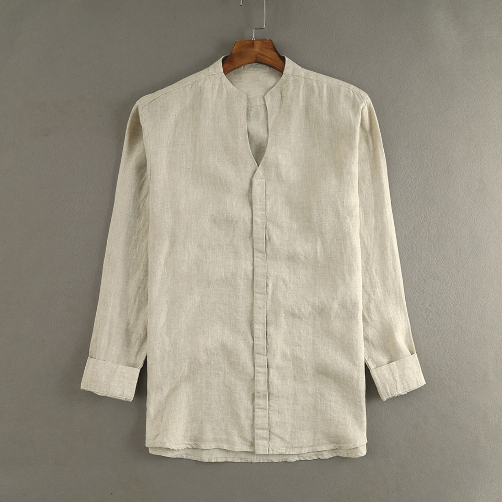 Men’s Linen Long Sleeve Shirt Split Neck Stand Collar