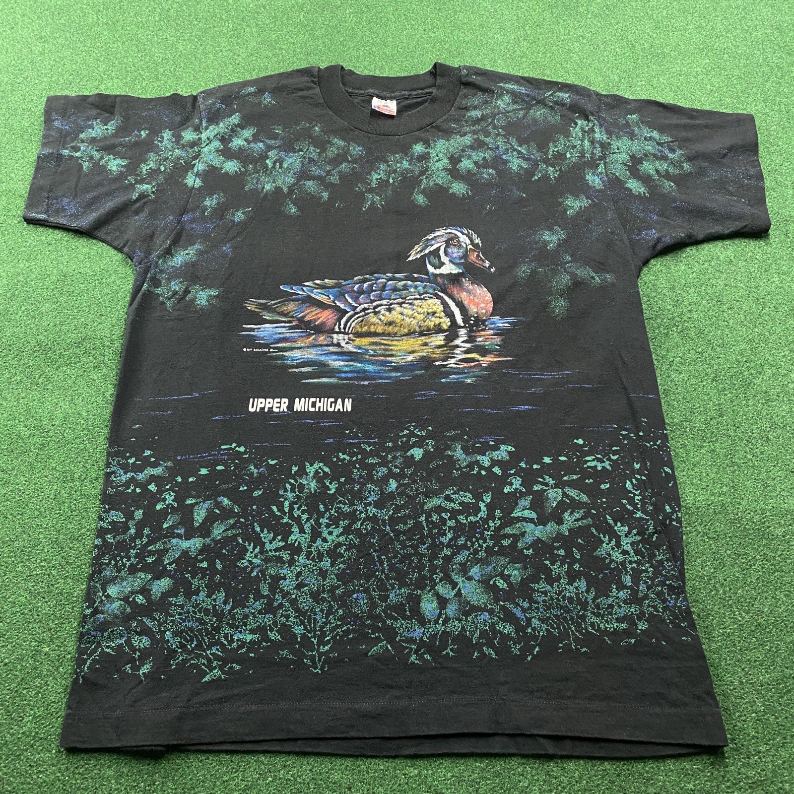 Vintage Nature Shirt Mens XL Black 90S Upper Michigan Duck All Over Print USA