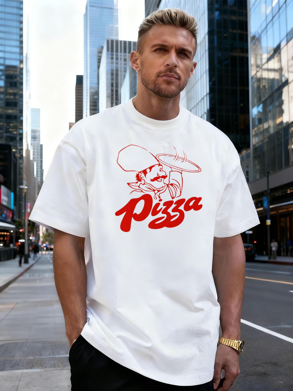 Pizza Chef Cartoon Men's T-Shirt Food Lover Graphic Tee Casual Streetwear Top gallery