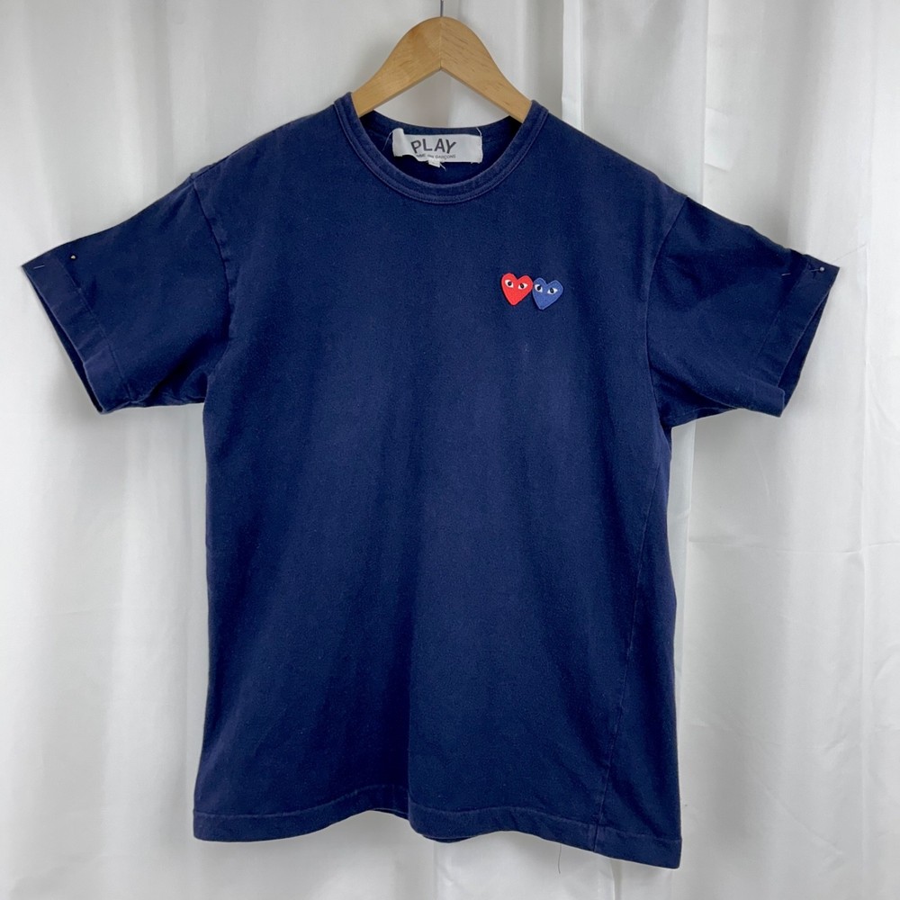 Comme des Garcons PLAY Double Hearts Embroidered Tee Navy Size L