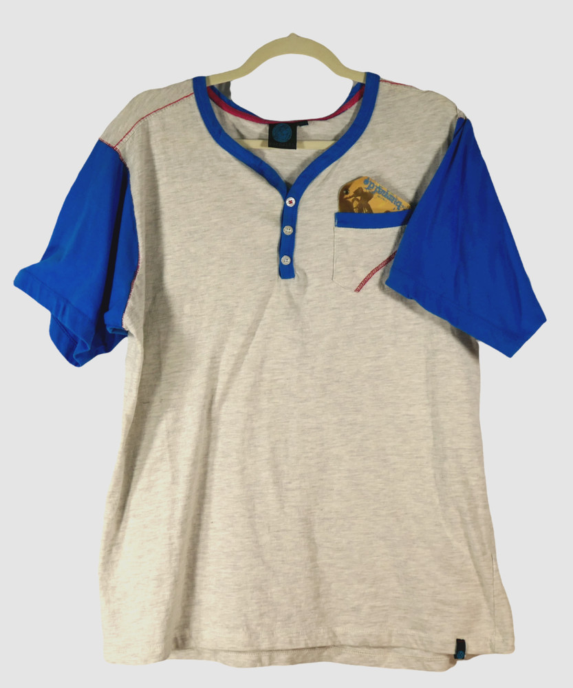 NEW BURNSIDE Mens Henley Shirt Top Gray Blue Size 2XL Short Sleeve Pocket NWT