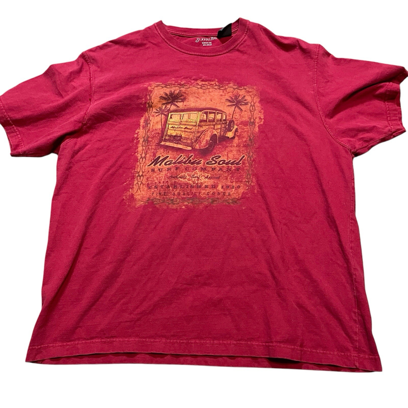 St Johns Bay T-Shirt Screen Tee Men XL Red 100% Cotton Malibu Soul Surf