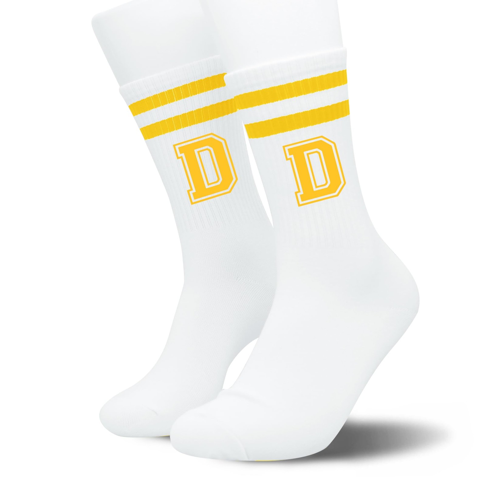 Golden Yellow Initial Stripes Socks with Letter D, Retro Athletic Style Socks... gallery