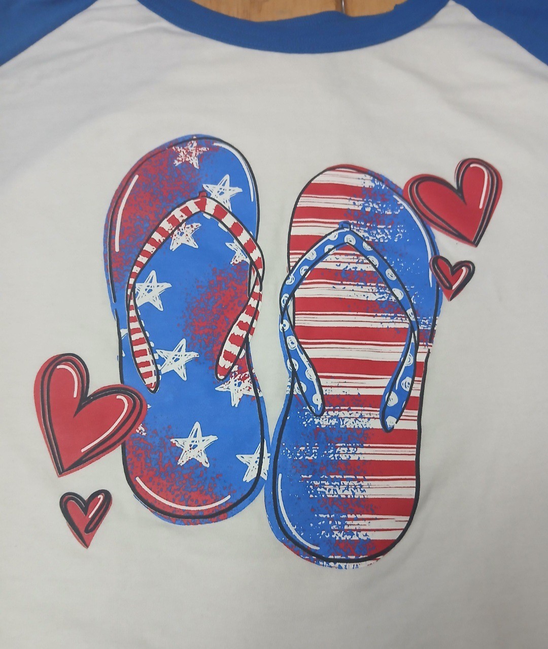 4XL Womans 3/4 Sleeve Tee Shirt Blue/White Beach Flop Flag Patriotic Jerzees gallery