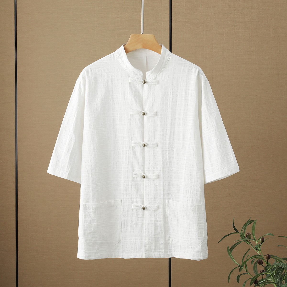 New Chinese-style Cotton Linen Buckle Shirt Men Tang Suit Short Sleeve Tops