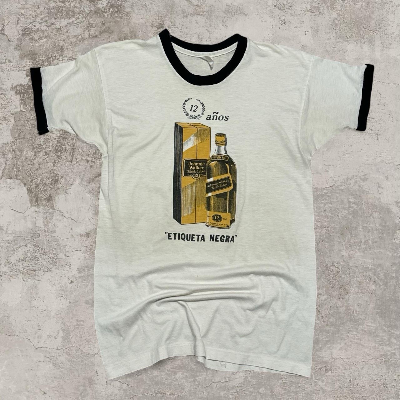 Vintage 80s Johnnie Walker Black Label ringer tee shirt size medium White
