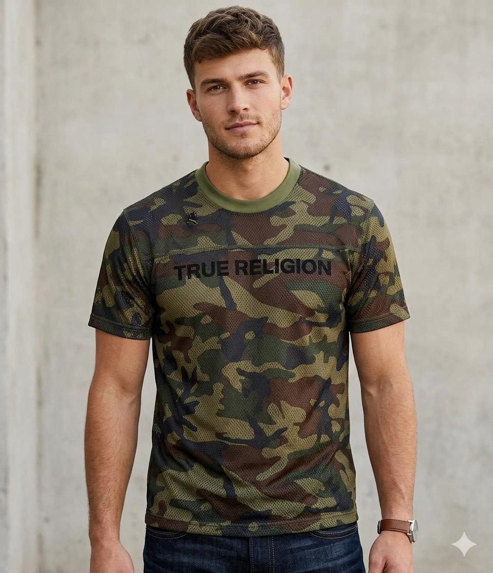 True Religion Camo Mesh Breathable Double-Sided Graphic Tee Men’s M
