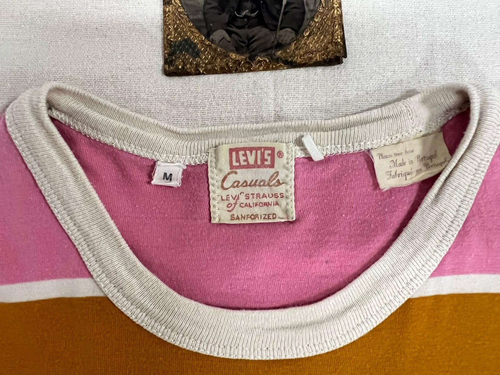 LVC T-Shirt M Levi's Vintage Clothing 60s Casuals Ringer Fat Stripe Pink Tan 40" gallery