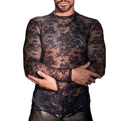 New Men’s Long Sleeved Elastic Tight Top Mesh Breathable Sexy Lace Top T-shirt