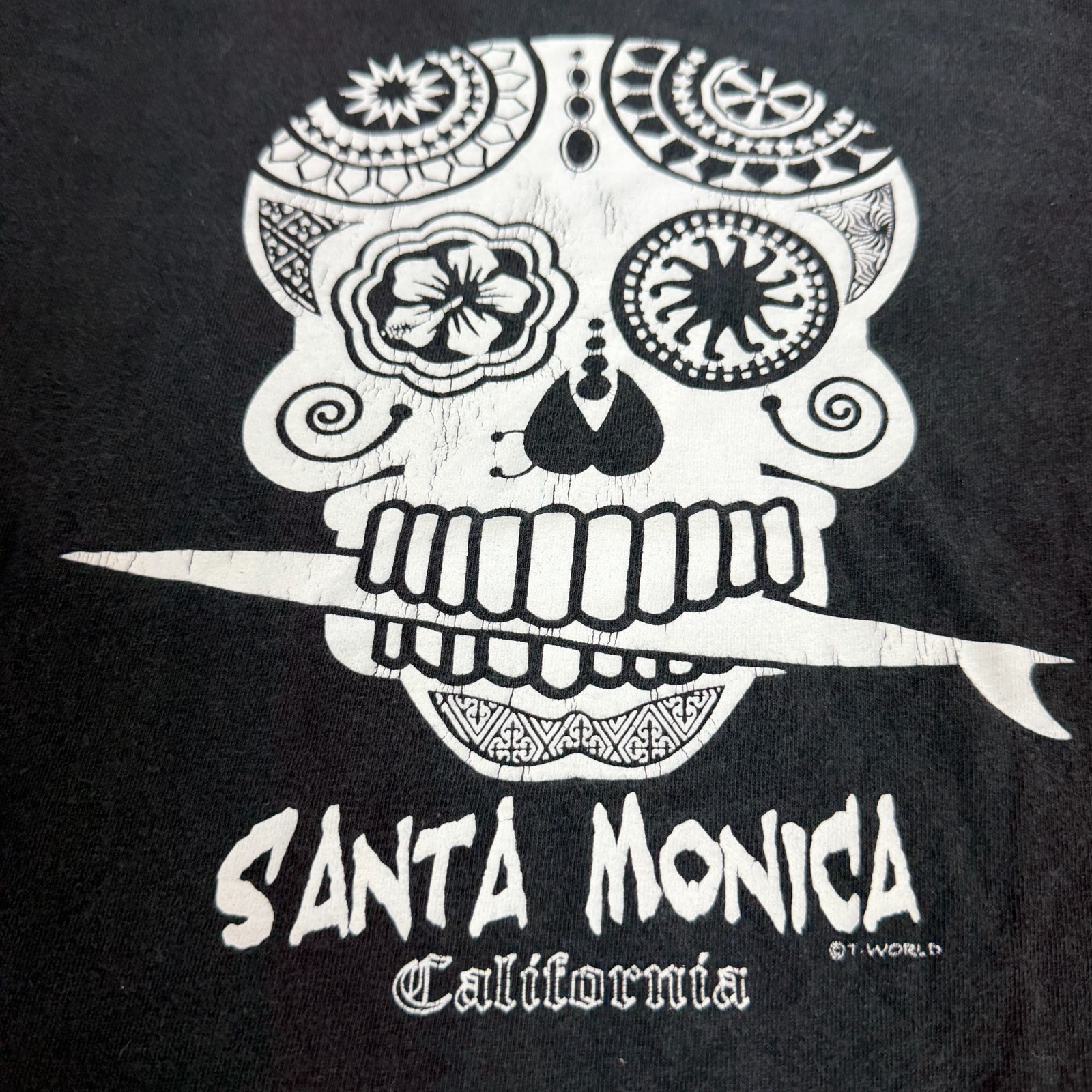 VINTAGE Santa Monica California Shirt Mens Large Black Sugar Skull Short Sleeve gallery