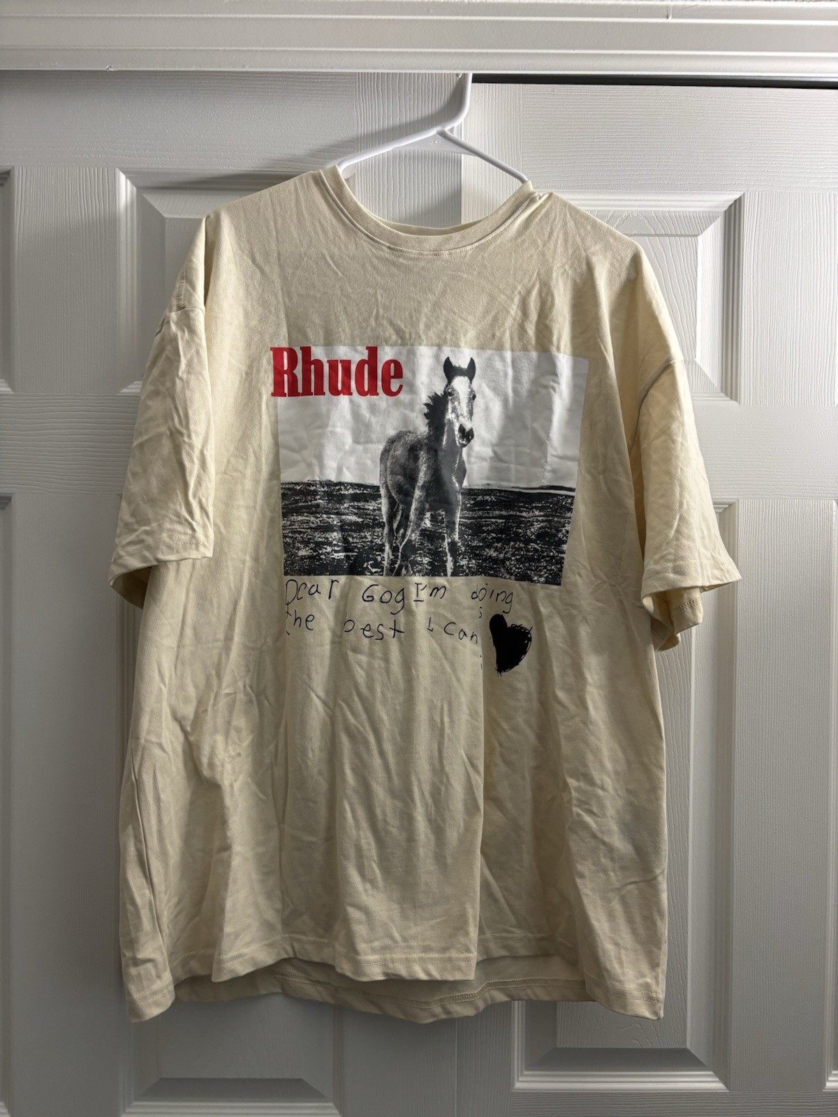 RHUDE Men’s Horse Logo Graphic Print T-Shirt Beige Knit Crew Neck Short XL