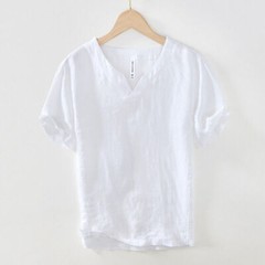 New Men 100% Linen T-shirt Retro V Neck Summer Short Sleeves Tops Casual Undersh