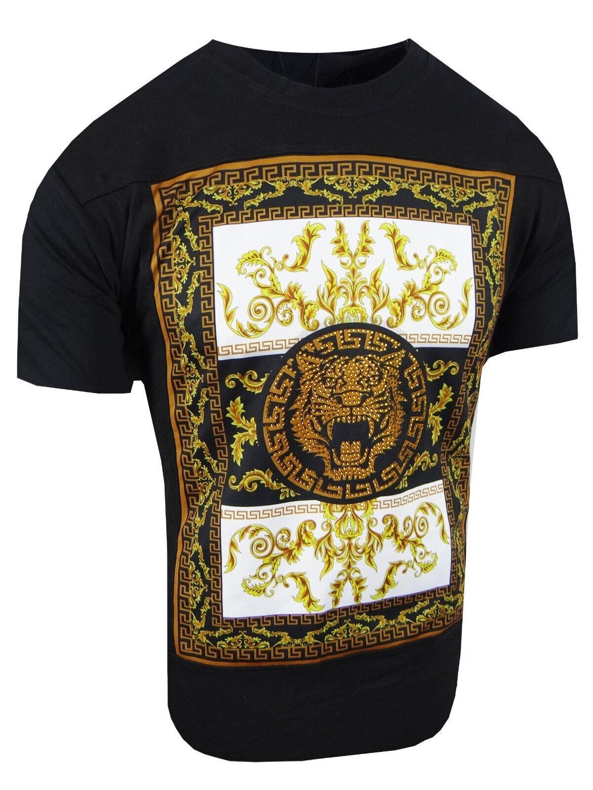 Italian T-Shirt Men Baroque Florals Shiny Stones Rhinestone Gold Tiger Crew Neck gallery