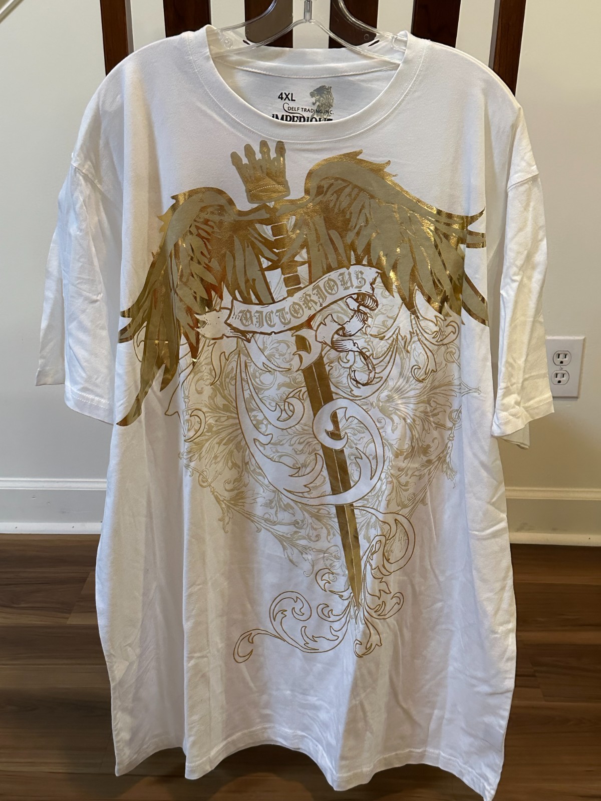 Delf Trading Inc. Imperious Men's Shortsleeve Tshirt White w/ Shiny Gold Design gallery