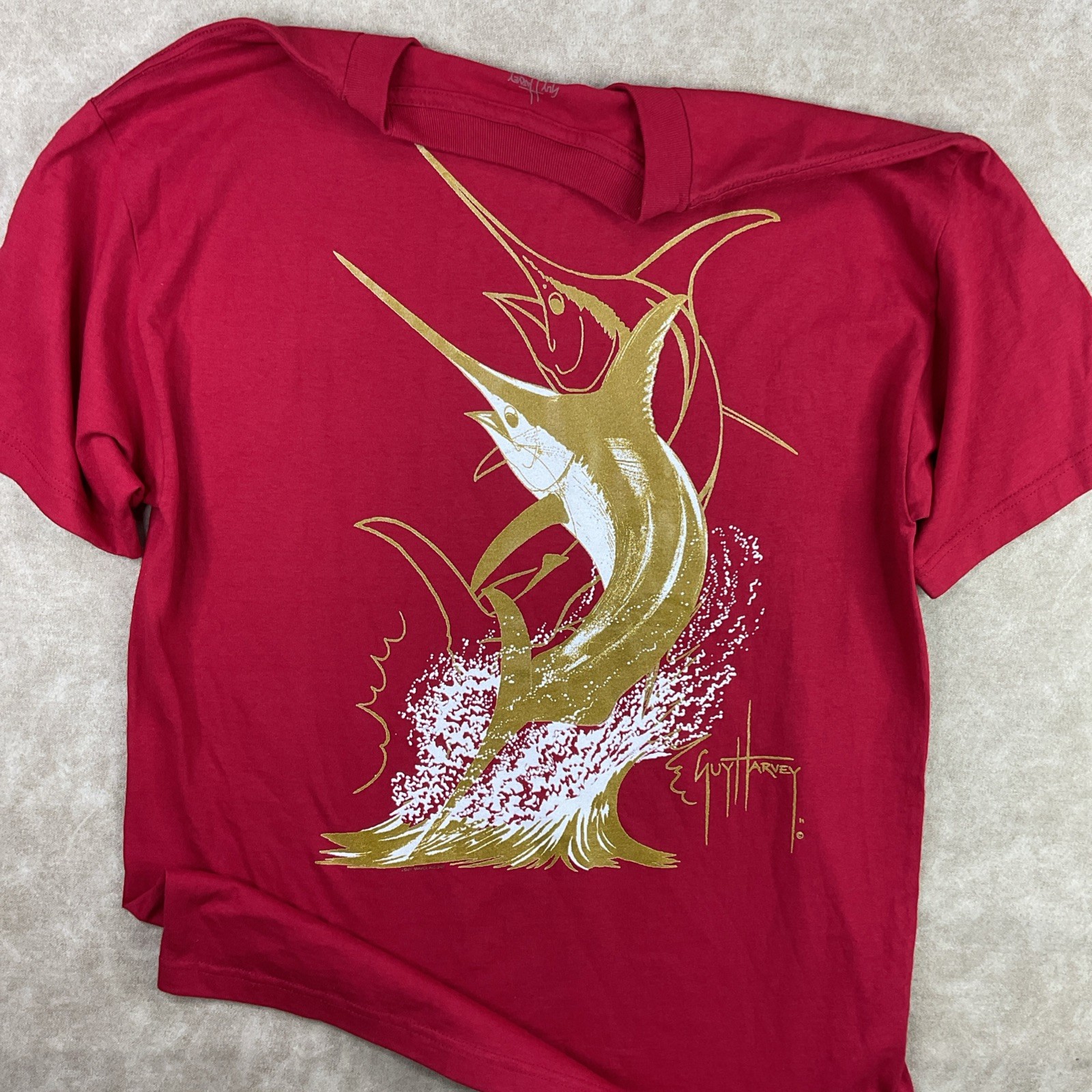 Vintage Guy Harvey T-Shirt Sz L Y2K Graphic Marlin Fish Red Gold Short Sleeve
