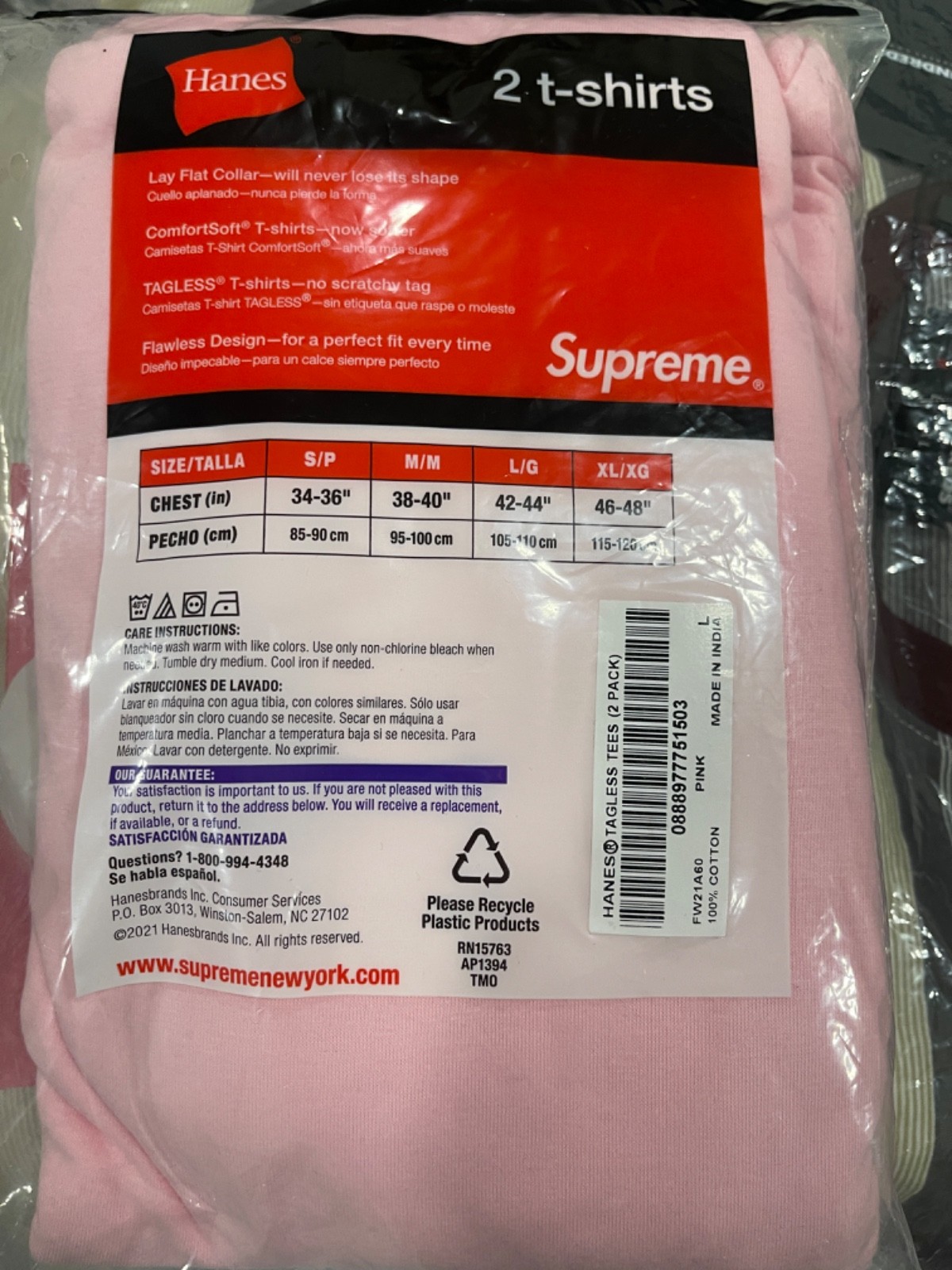 Supreme FW21 Hanes Tagless Tees Pink Large (2 Pack) gallery