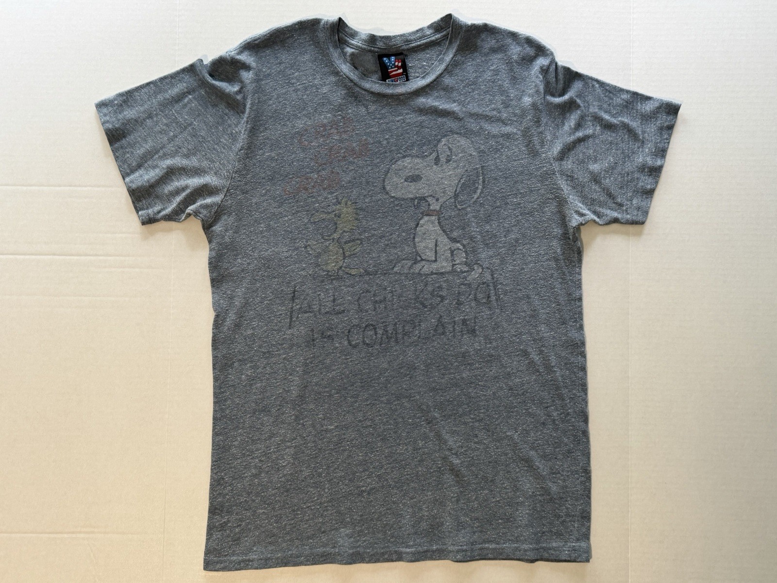 JUNK FOOD Snoopy “All Chicks Do Is Complain” Grey T Shirt Faded – Size Large (L)