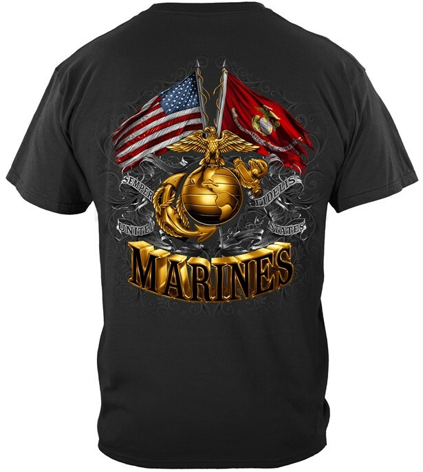 USMC Marine Corps T Shirt Double Flags Gold Print Globe American Flag