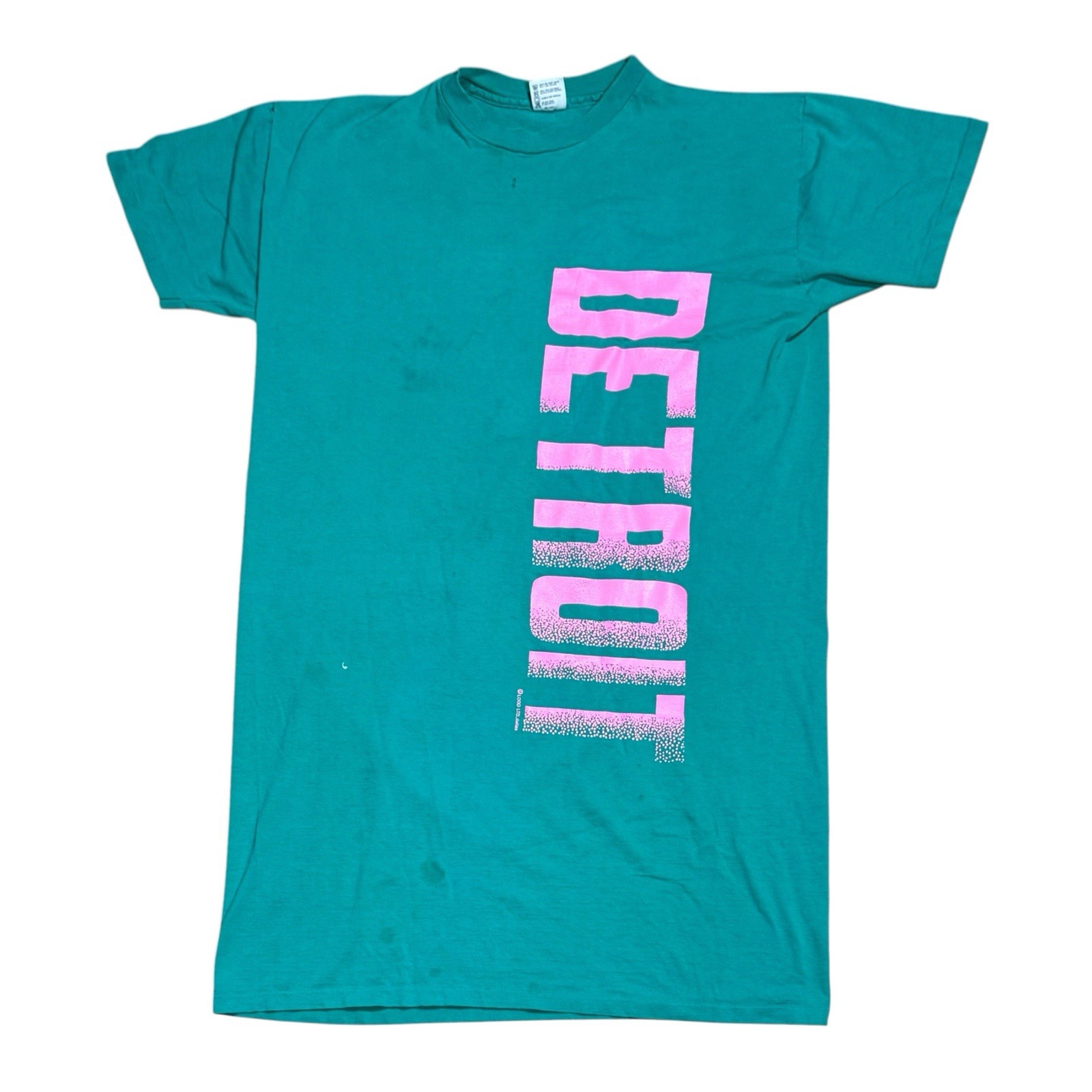 Vintage 90s Detroit Tall Tee T-Shirt OSFA Teal w/ Neon Pink Spellout Made In USA