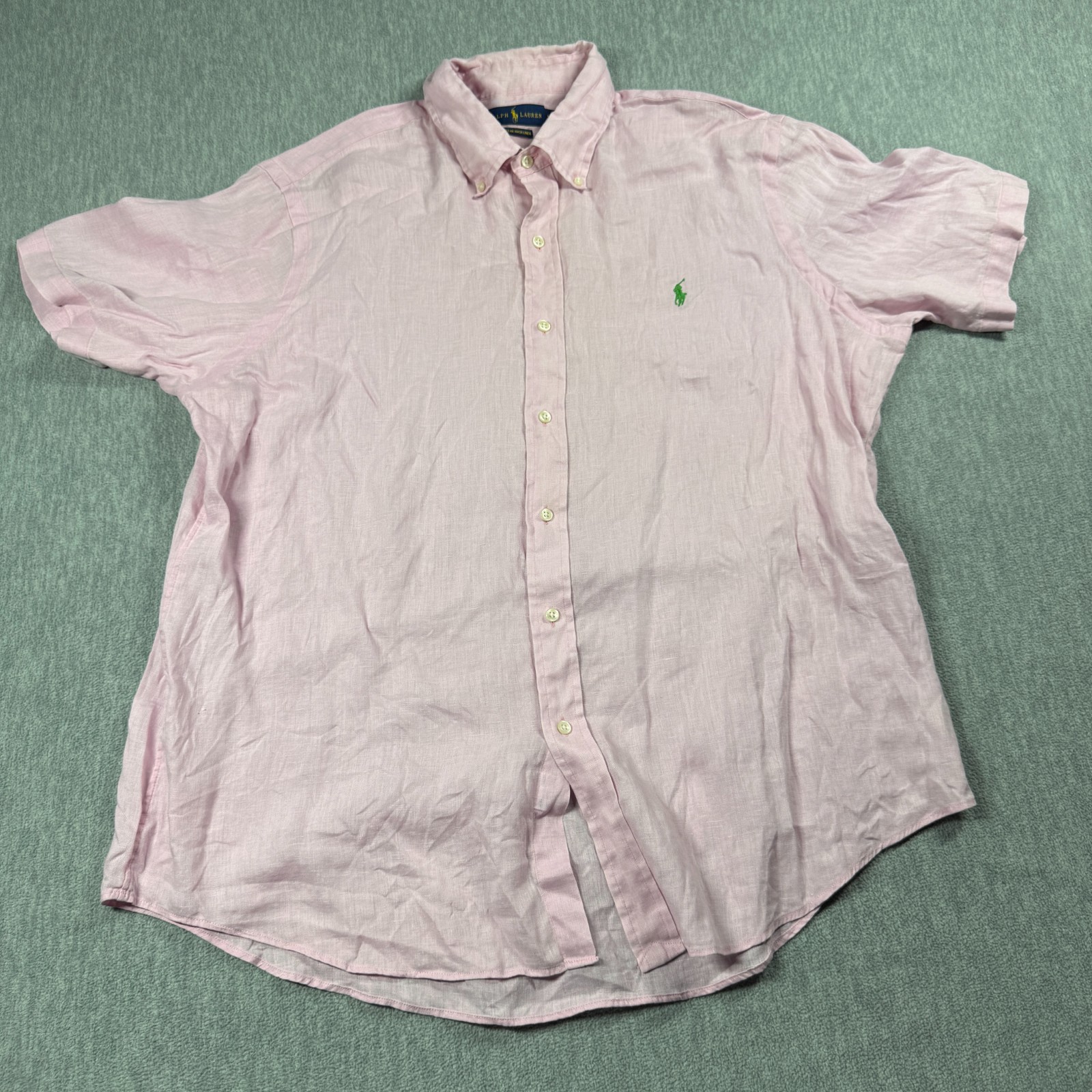 Ralph Lauren Shirt Mens XL Pink Ocean Wash Linen Short Sleeve Button Down Casual gallery