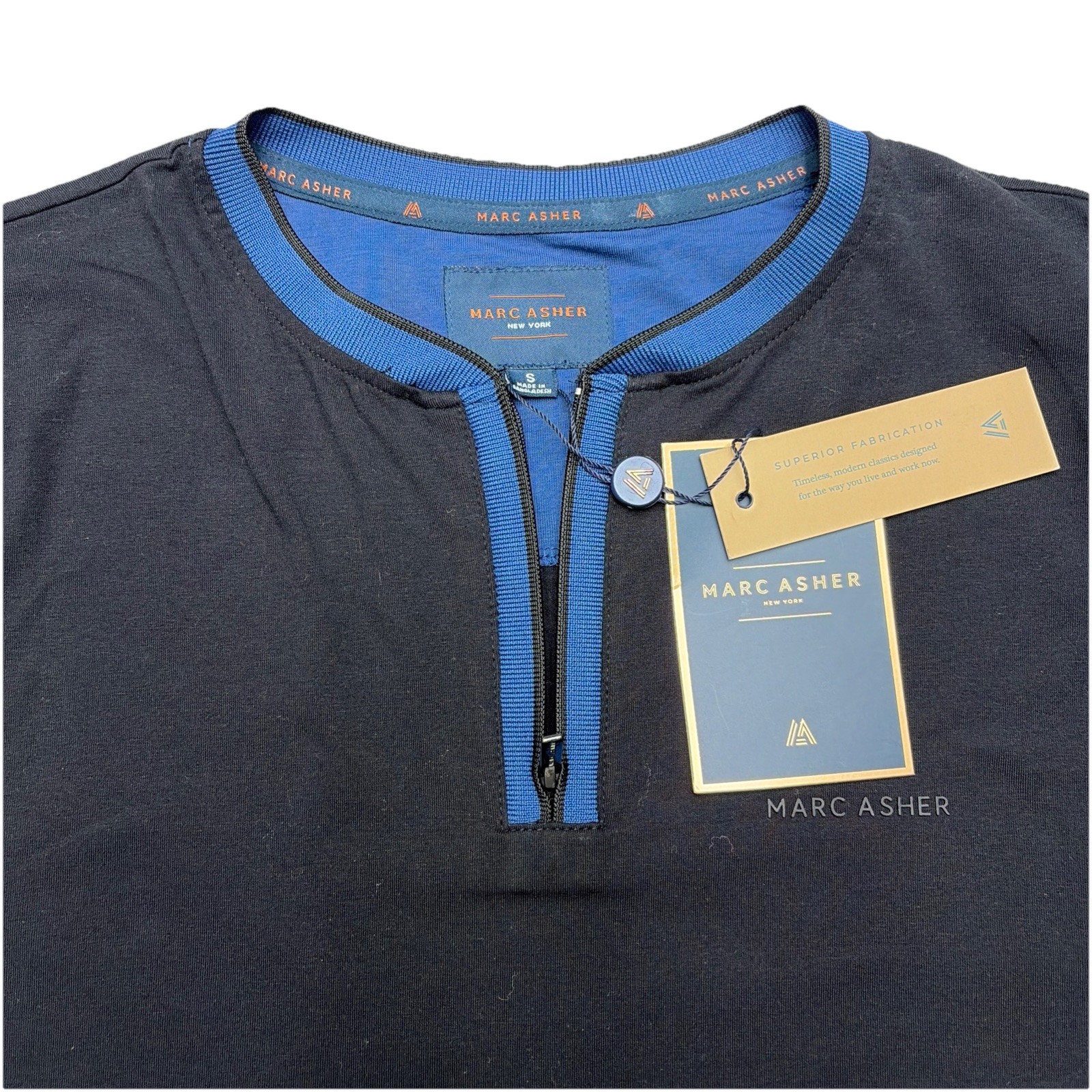 NWT Marc Asher Men’s Shirt Small Black Blue Short Sleeve Zipper gallery