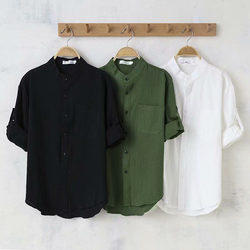 Men's Linen Stand Collar Five Quarter Sleeve Shirt Cotton Linen Casual Shirt gallery