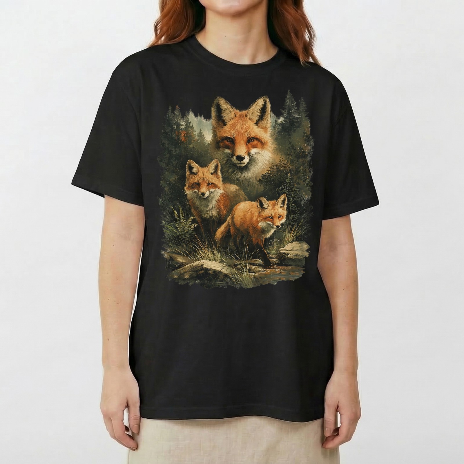 Red Fox Family Watercolor Splash Forest T-Shirt Wildlife Nature Lover Animal Tee gallery