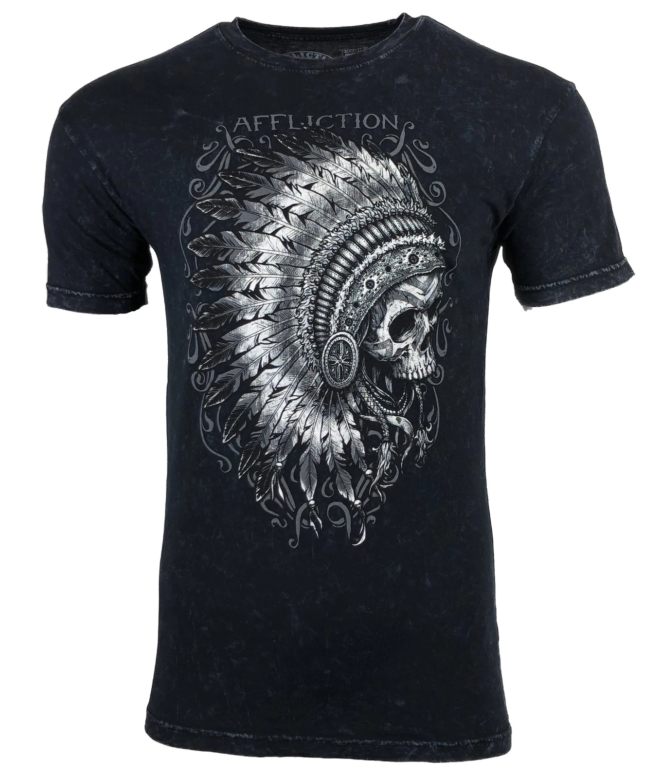 AFFLICTION Men’s T-shirt APACHE BLACK LAVA Indian Skull Motorcycle Biker S-4XL