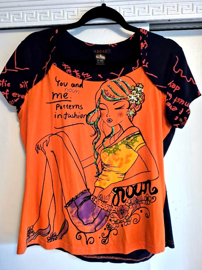 Graphic Tee Orange Summer Sequined Pullover Top English Grammar Theme Size L