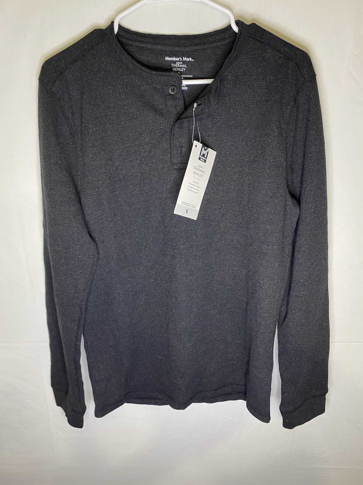 Member’s Mark Mens Thermal Henley Shirt Black Long Sleeve Waffle Knit Small NWT