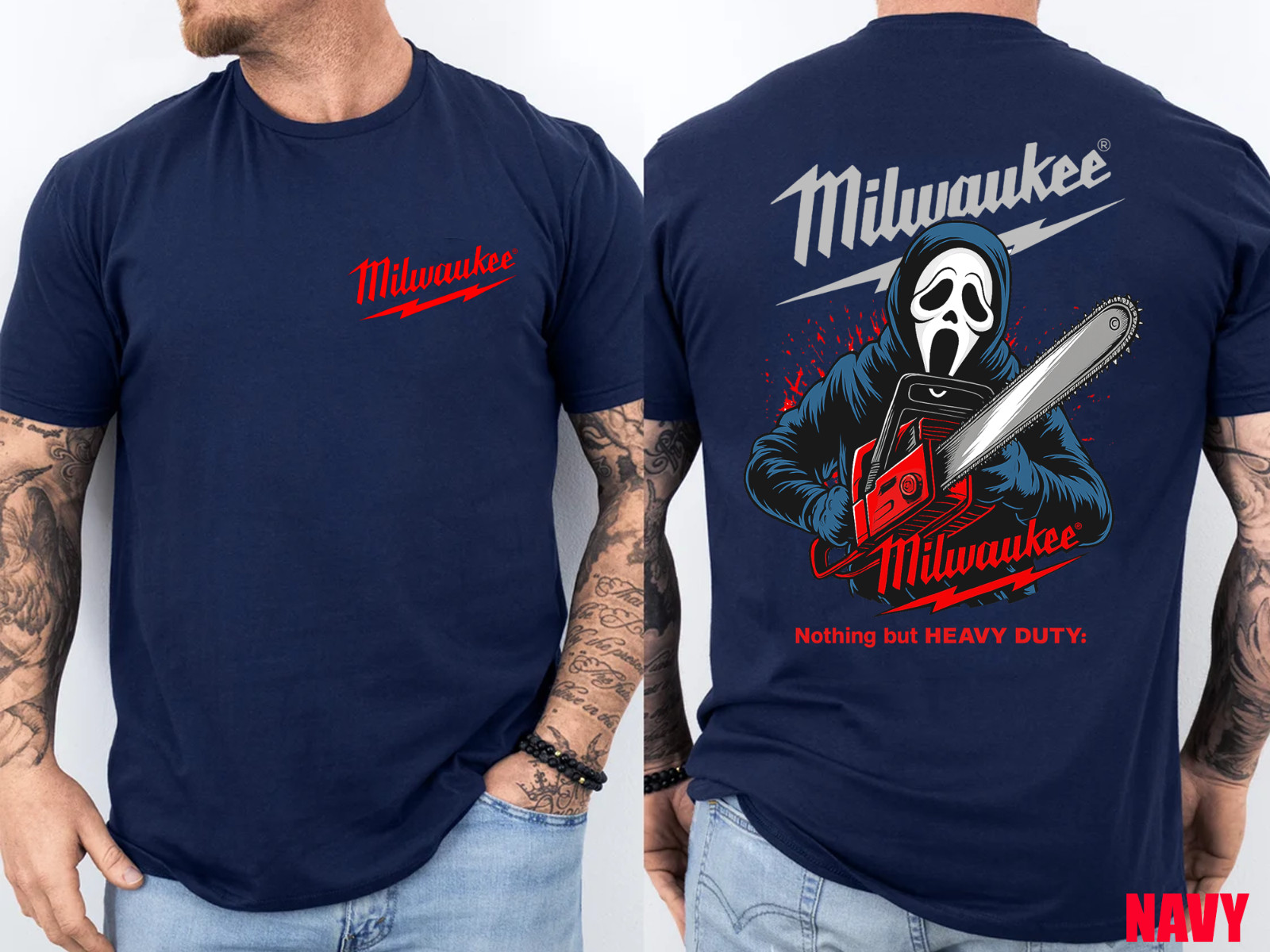 Milwaukee Tools Ghost Face With Chainsaw 2 Sided Unisex Tee–Halloween Character gallery