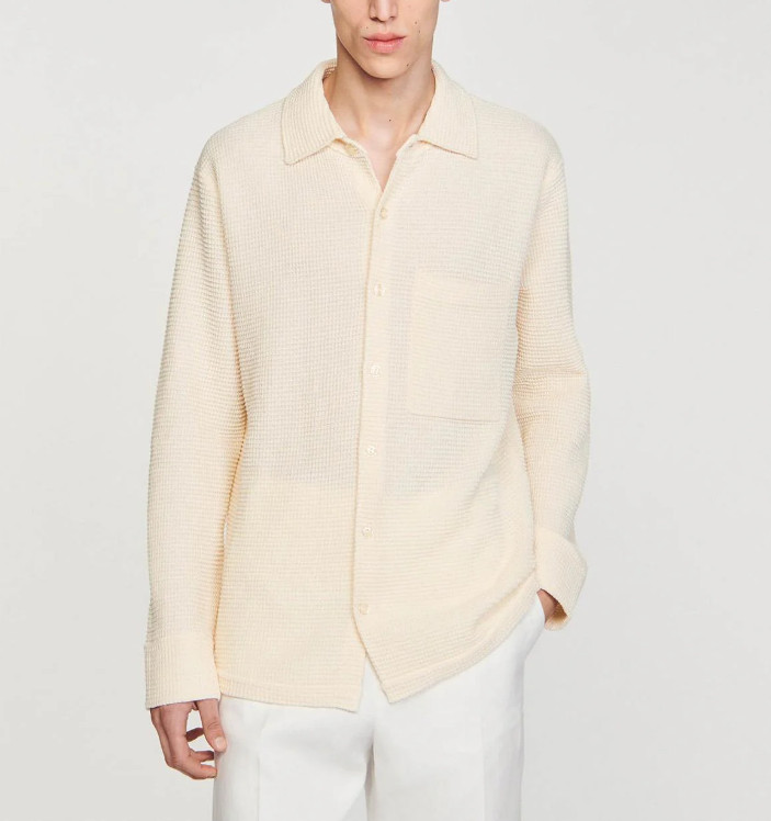 Sandro Men’s Beige Knitted Long Sleeve Oversized Shirt Size M SHPTR00540