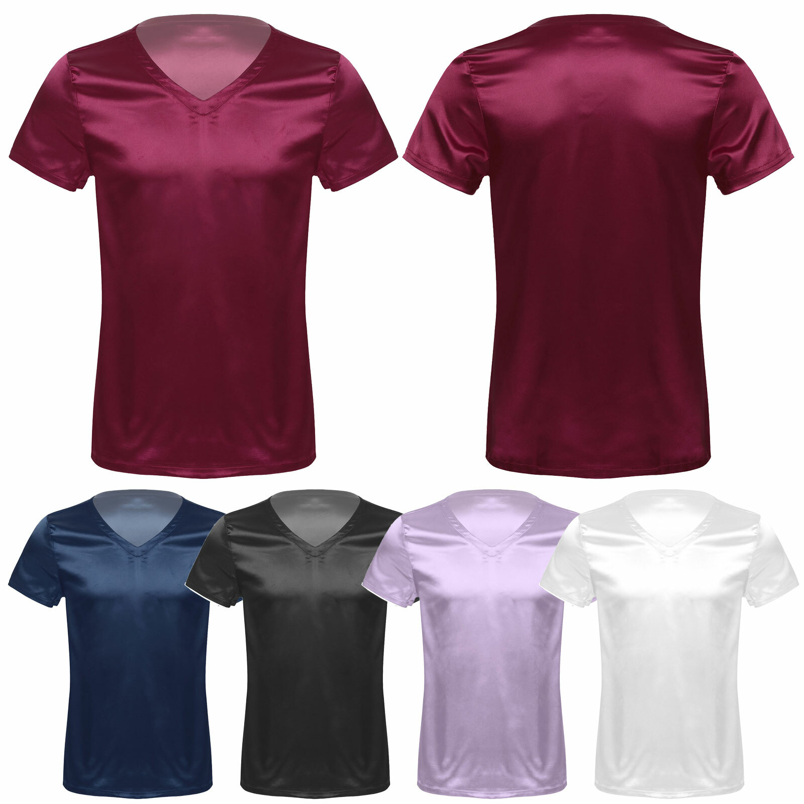 Mens Shiny Satin Sleep T-Shirt Short Sleeve V Neck Lounge Casual Top Blouses gallery