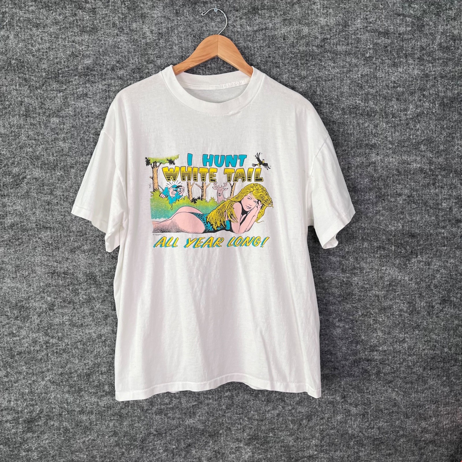 Vintage I Hunt White Tail All Year Long Shirt Size L / XL Hunting 90s Comic Joke gallery