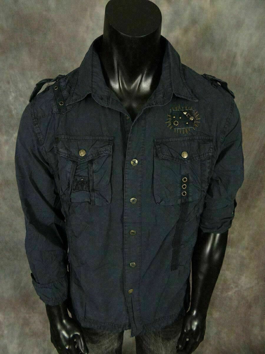 Mens Safari Button Shirt Pleated Pockets Studded Accents with Pin-Up Sleeves gallery