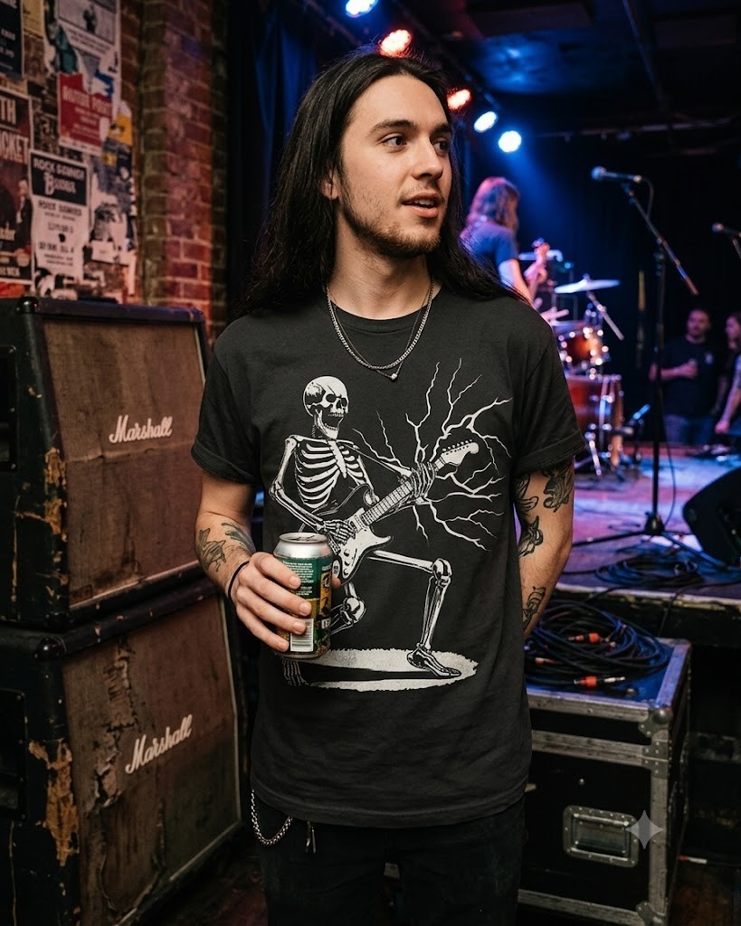Black Mens Rock & Roll Skeleton Shredding Playing Guitar Band gallery