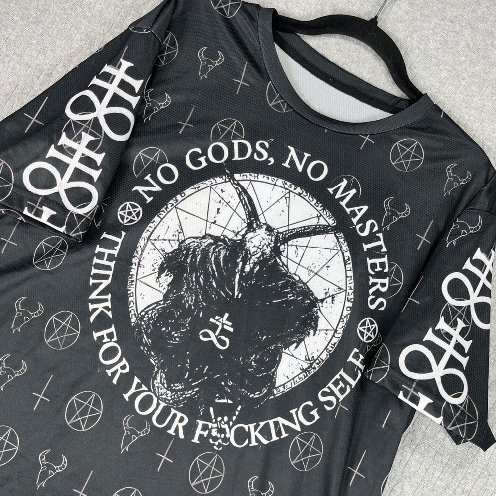 Satanic death rock Goth core punk Baphomet T Shirt Men Black No Gods No Masters