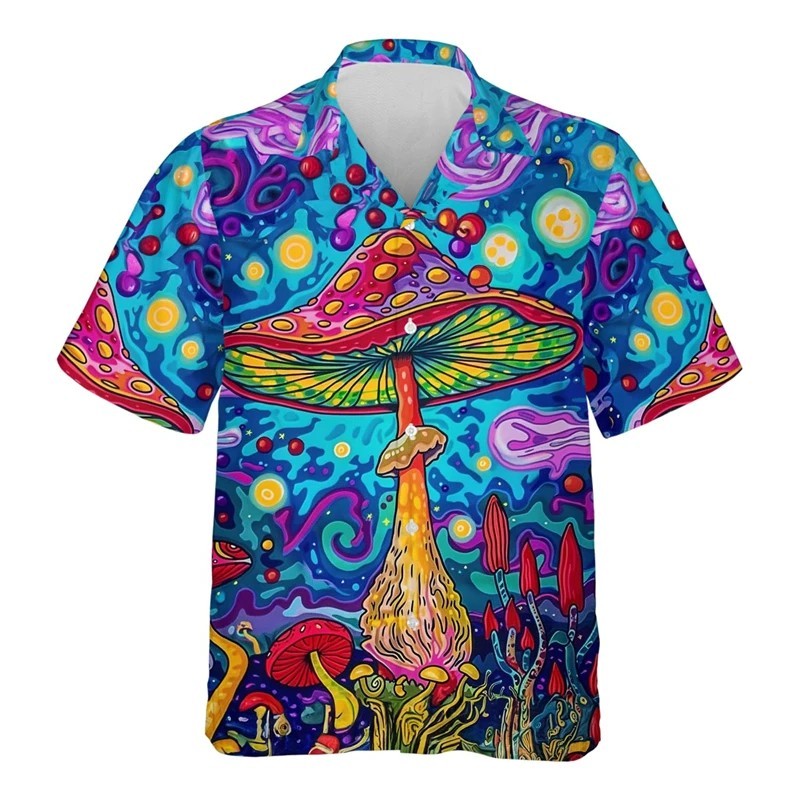 Mens Button Down Blue Psychedelic Mushroom Trippy Abstract Magic Fungus Festival