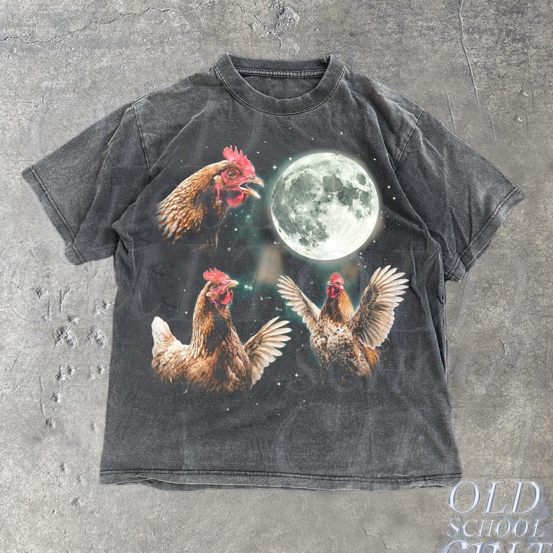 Chicken Howling at Moon Vintage 90s Graphic Shirt, Retro Farm Hen Galaxy gallery