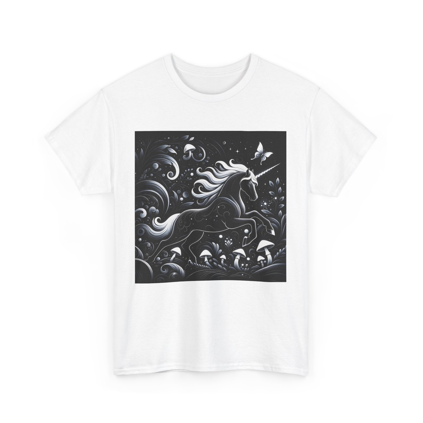Unisex Adult T Shirt Unicorn Black White Forest Glow Fantasy Designer Graphic