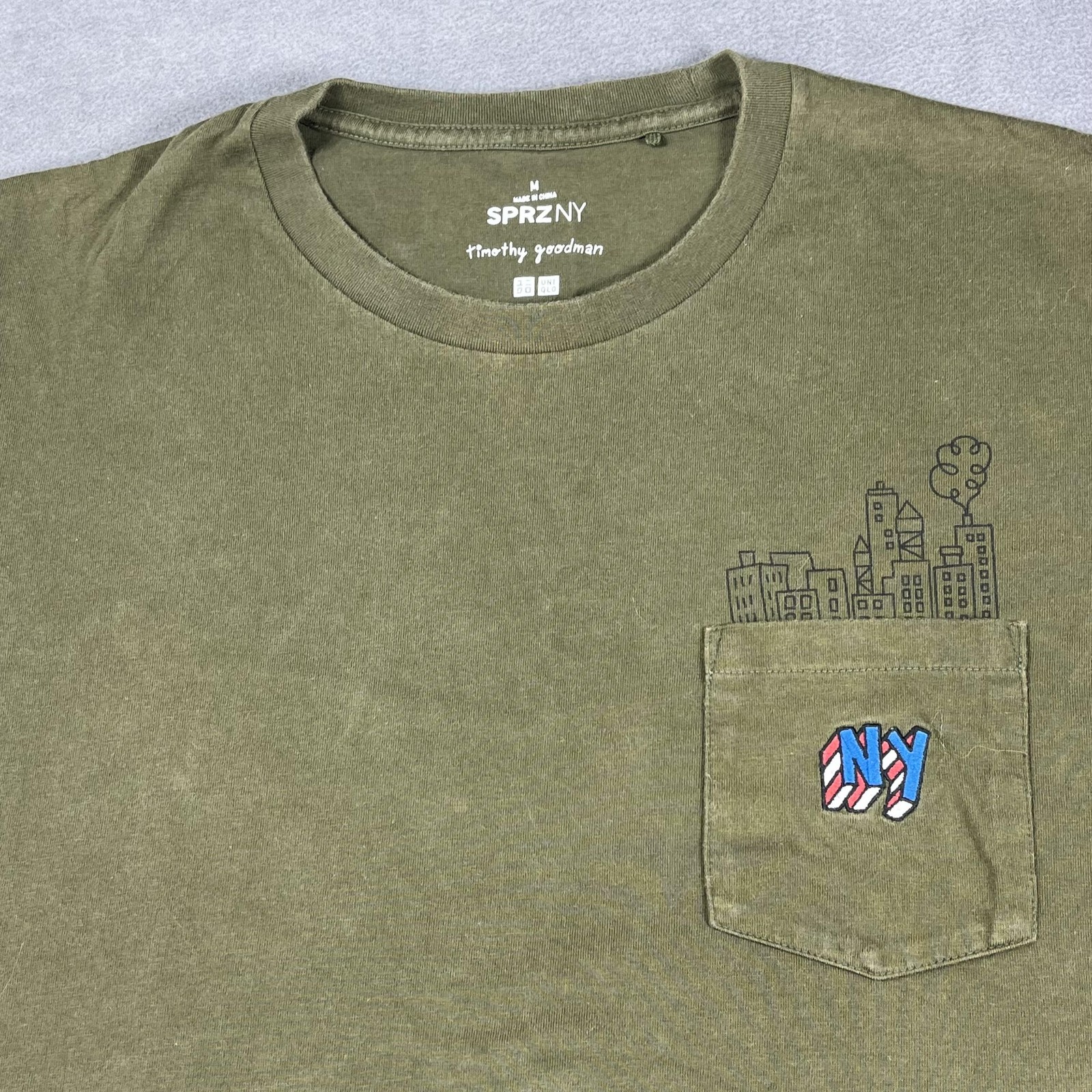 Uniqlo SPRZ NY Timothy Goodman Shirt Mens Medium Olive Graphic Pocket NYC Map gallery